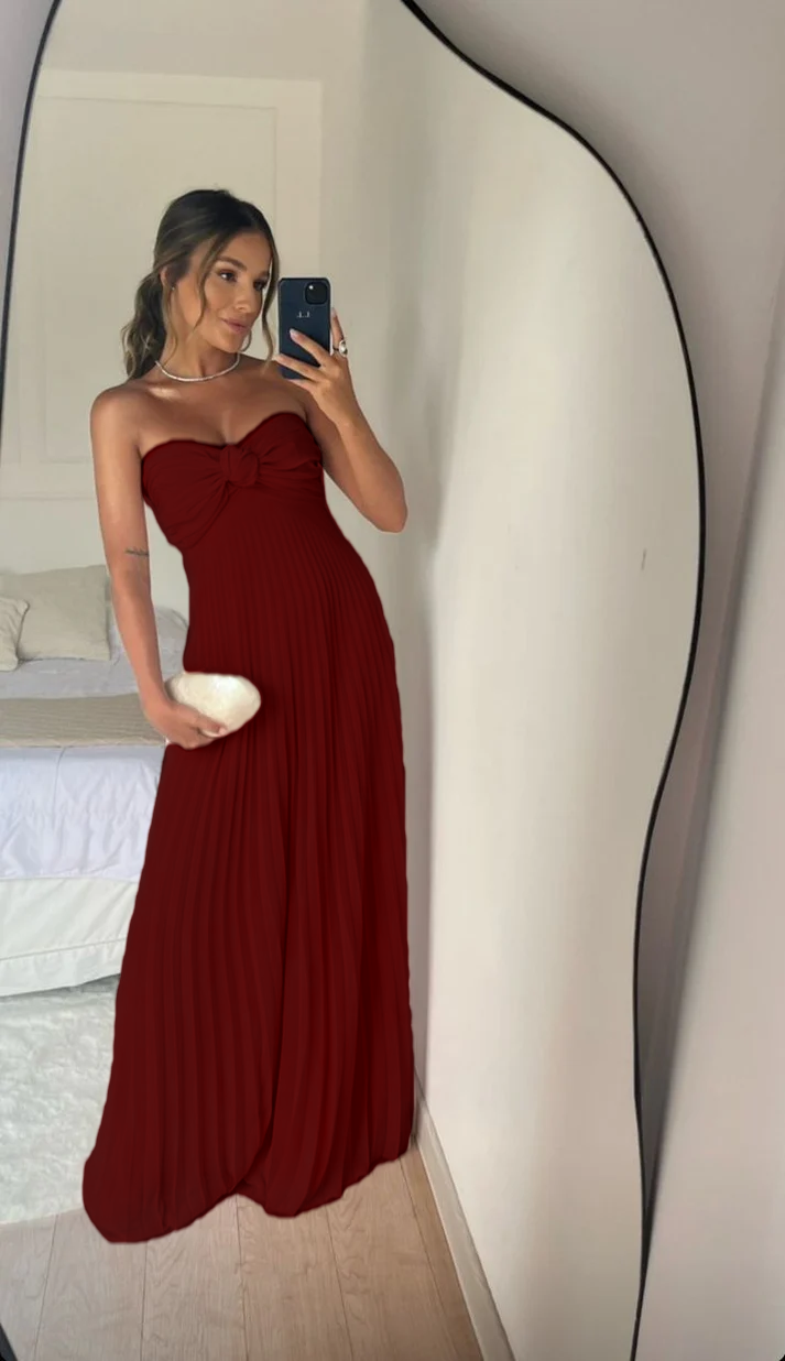 Strapless A Line Pink Long Prom Dress Pleated Formal Party Gown