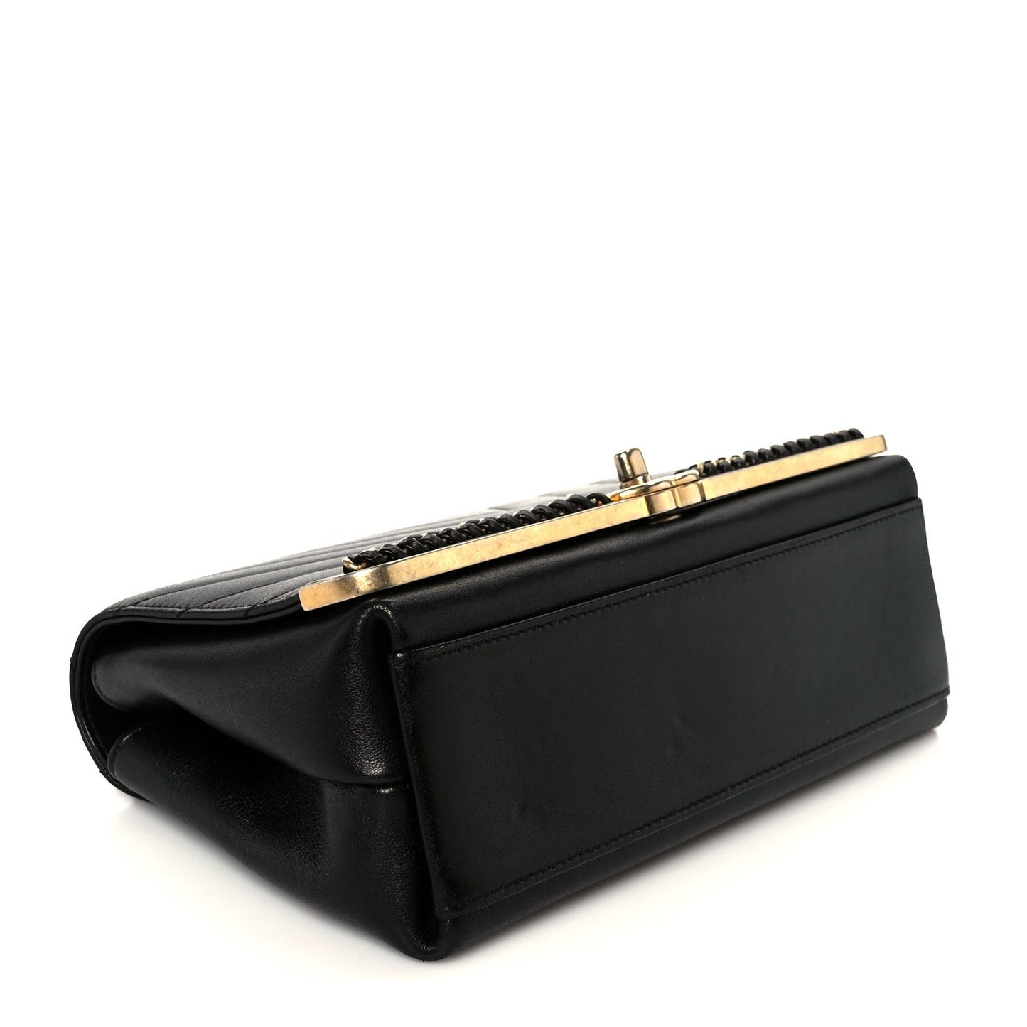 Sheepskin Chevron Stitched Chain Top Handle Flap Black