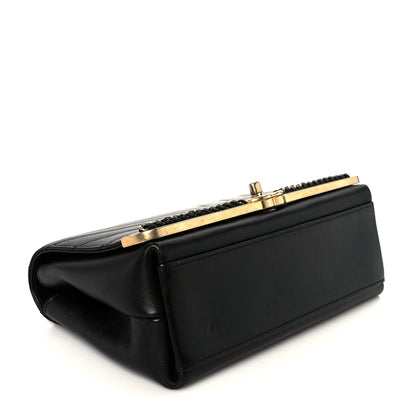 Sheepskin Chevron Stitched Chain Top Handle Flap Black