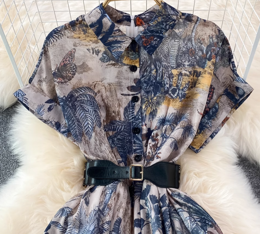 2025 socialite temperament ink painting print waist lapel single-breasted A-line big swing dress R0341