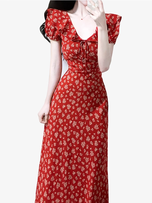 2025 Summer New Red Floral Tea Break Ruffled V-Neck French Waist Dress R0918
