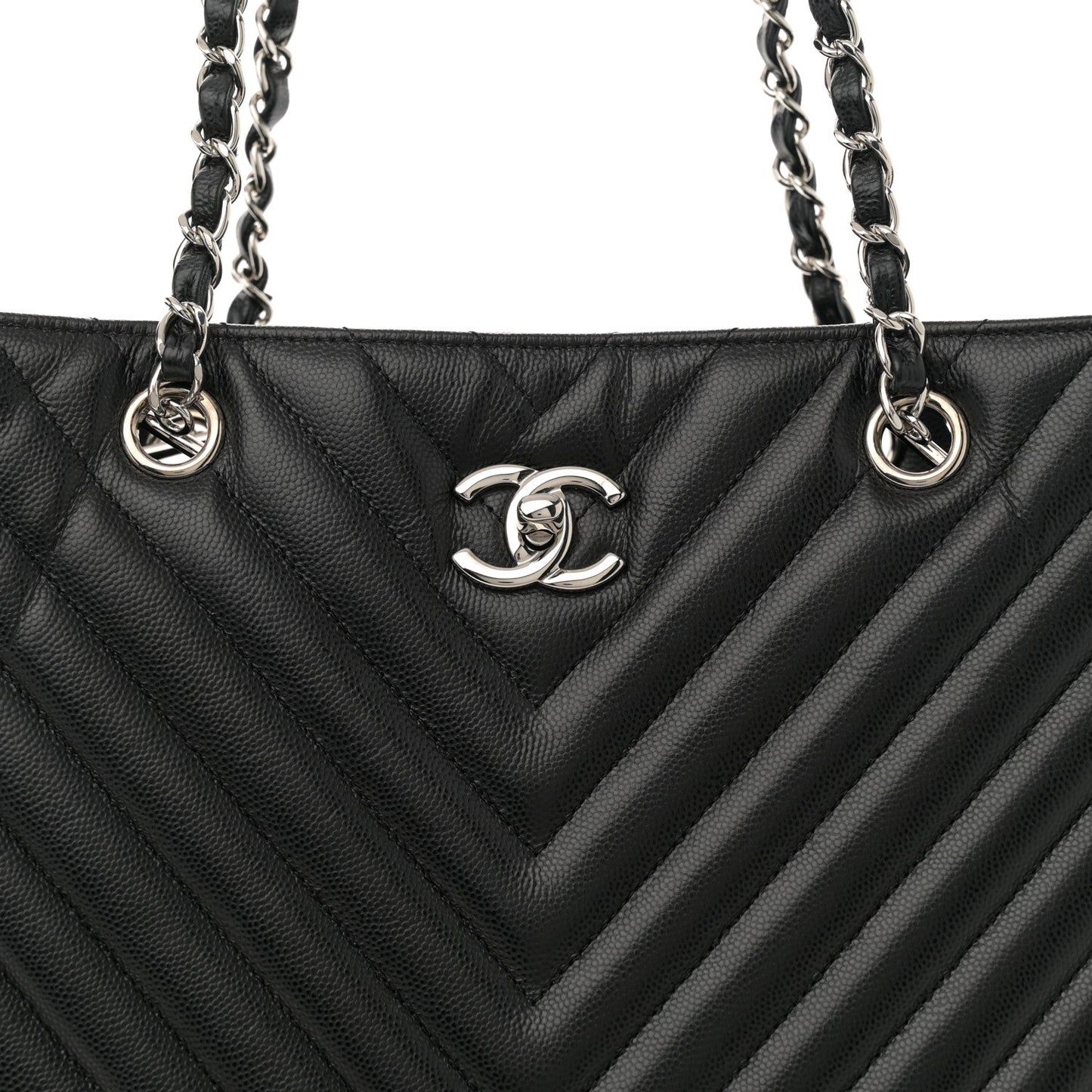 Caviar Chevron Quilted Large Shopping Tote Tote Black