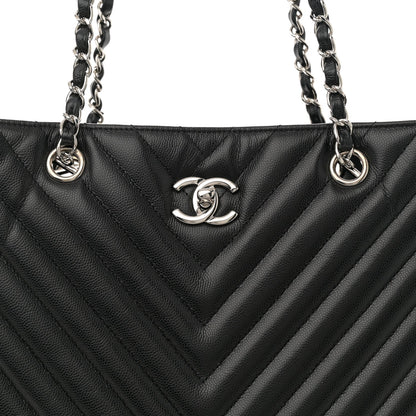 Caviar Chevron Quilted Large Shopping Tote Tote Black