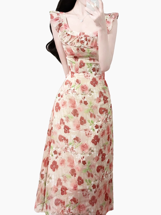 2025 Summer New French Romantic Floral Sweet Waist Flying Sleeveless Dress R0937