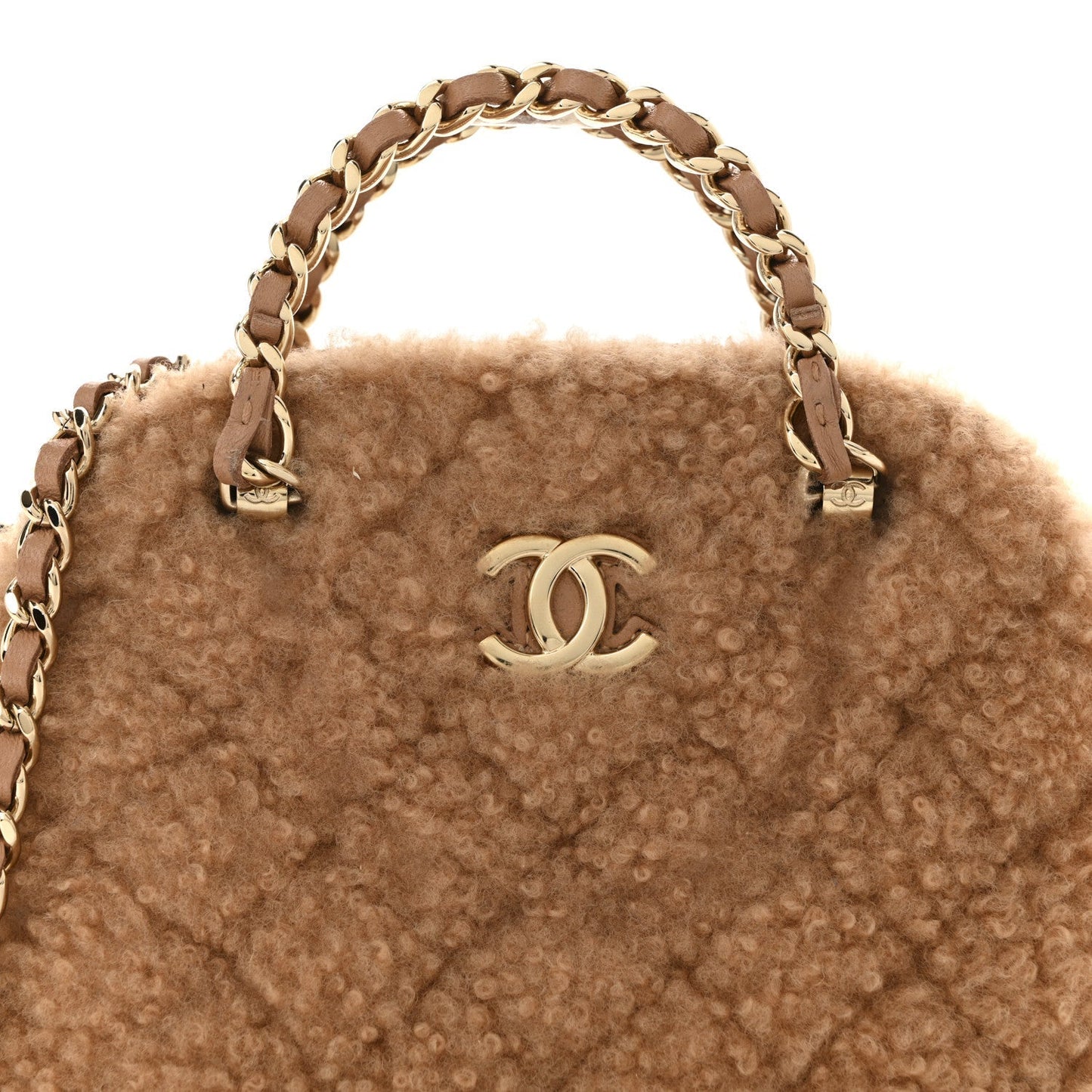 Shearling Quilted Shiny Coco Clutch With Chain Dark Beige
