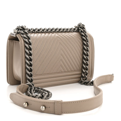 Calfskin Chevron Quilted Small Boy Flap Dark Beige