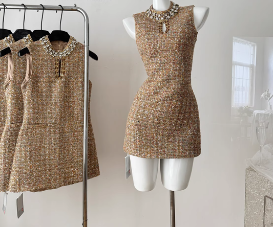 Heavily diamond-studded Chanel-style beaded waisted sleeveless dress R2094