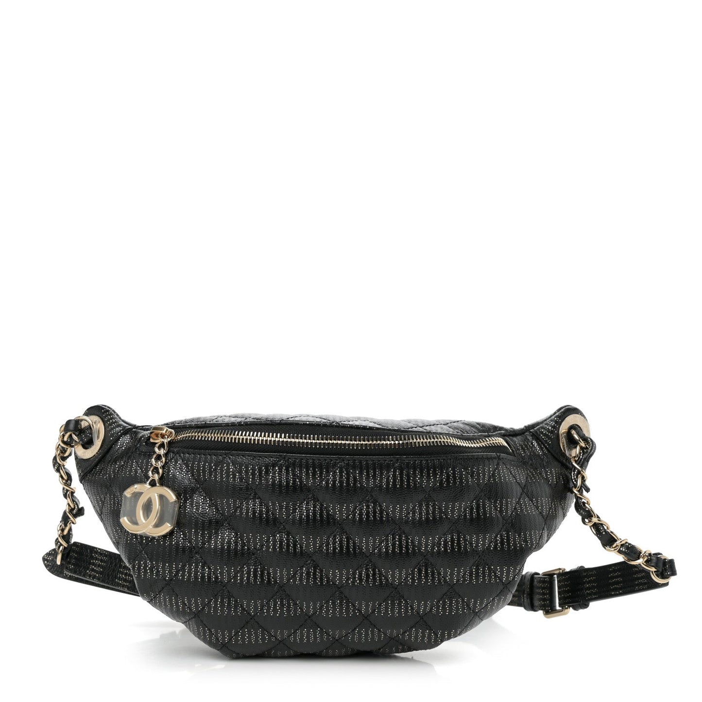 Metallic Caviar Striped Banane Waist Bag Fanny Pack Black Gold