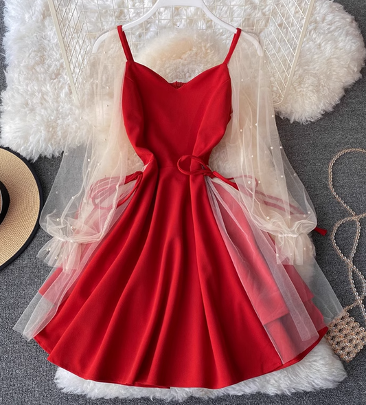 2025 Puff Sleeve V-Neck Low-cut Mesh Beaded A-Line Skirt Short Sleeve Slim Waist Midi Dress R0409