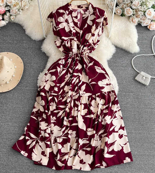 High-end, light luxury temperament flying sleeves V-neck waist slimming A-line ruffled printed dress R0353
