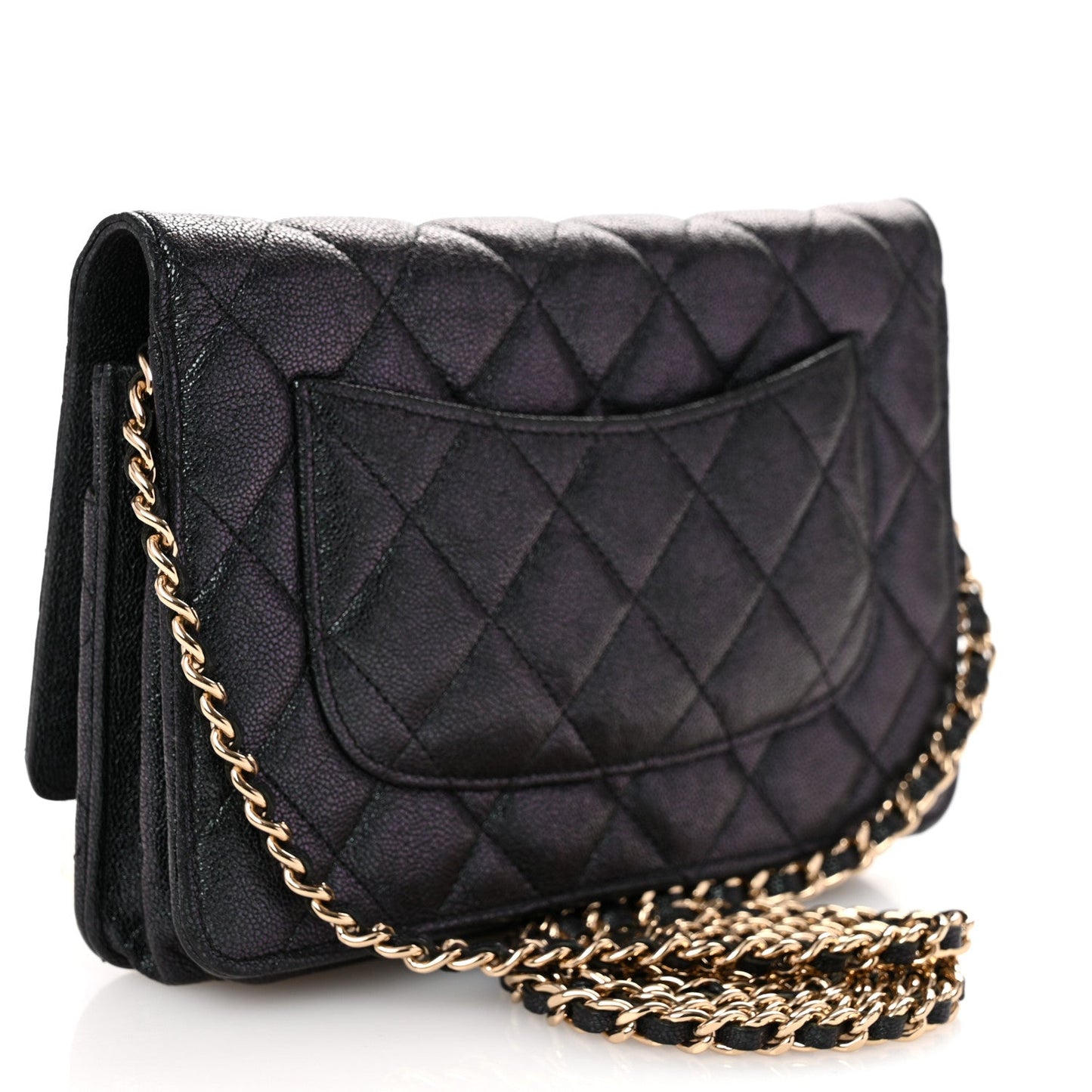 Iridescent Caviar Quilted Wallet on Chain WOC Black