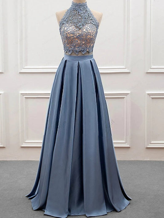 A Line High Neck Prom Dress Backless Two Pieces Formal Evening Dresses Gala Gown M2571