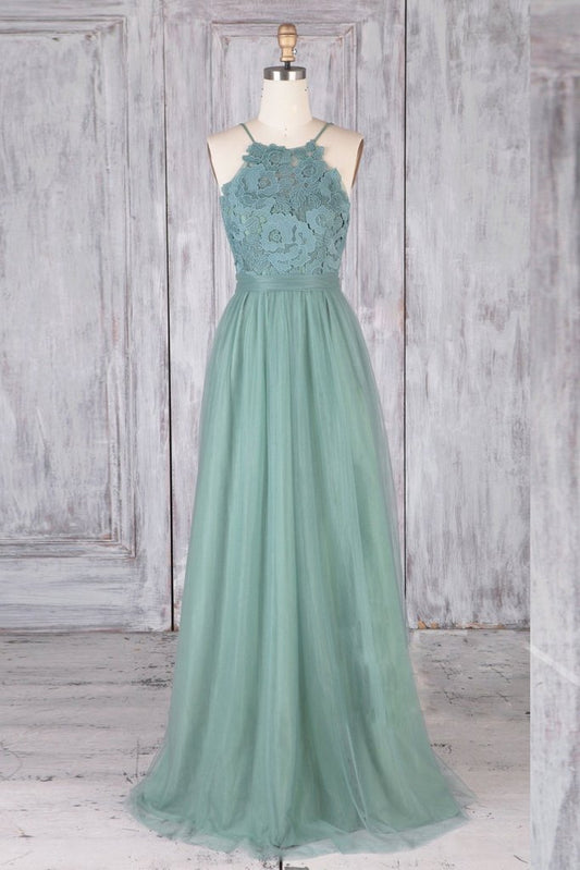 A Line Prom Dress Backless Green Tulle Formal Graduation Evening Dresses M3047