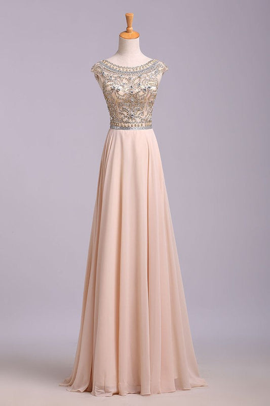 A Line Floor Length Scoop Chiffon Prom Dress, Beading Long Evening Dresses M1508