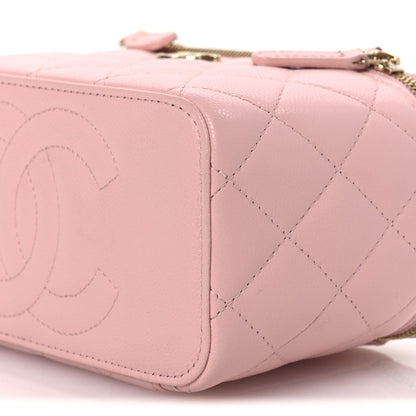 Caviar Quilted Crystal CC Logo Vanity Case With Chain Pink