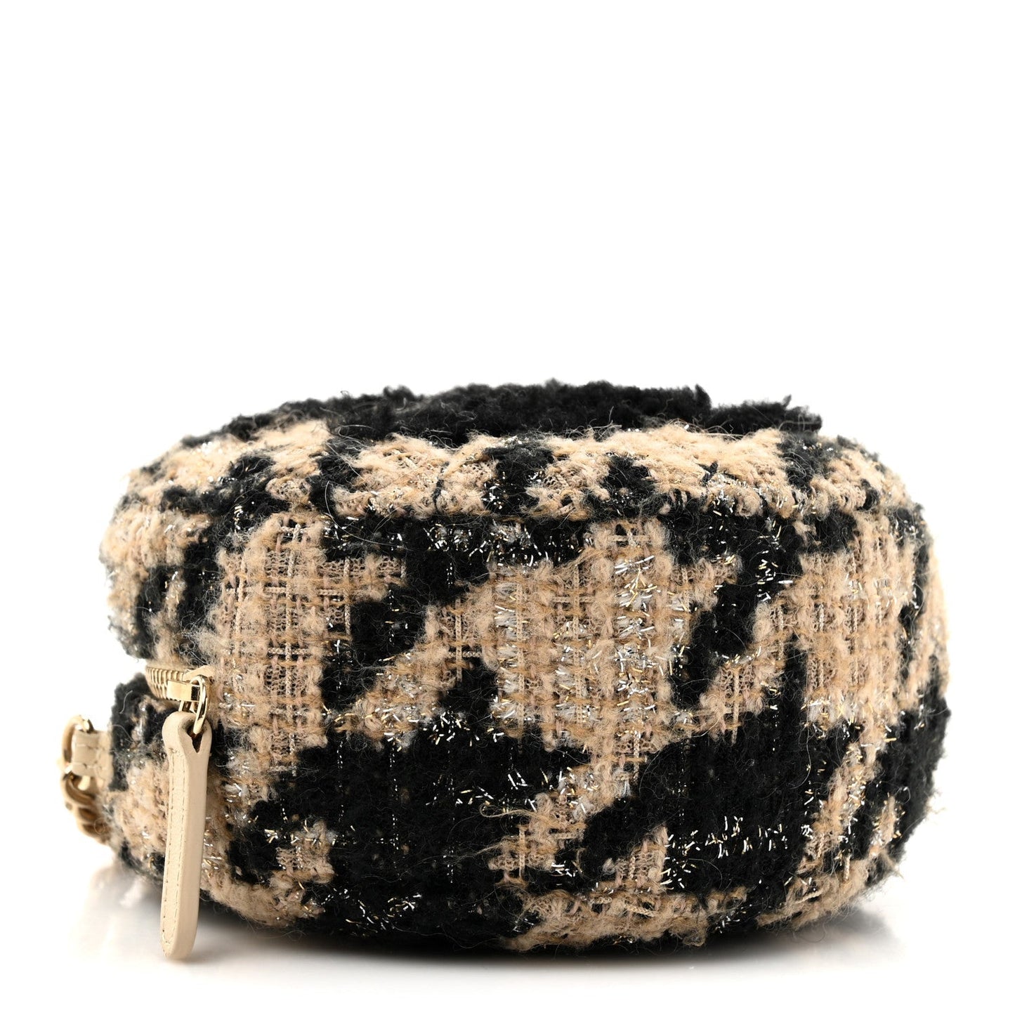 Tweed Shearling Round Clutch With Chain and Coin Purse Beige Black