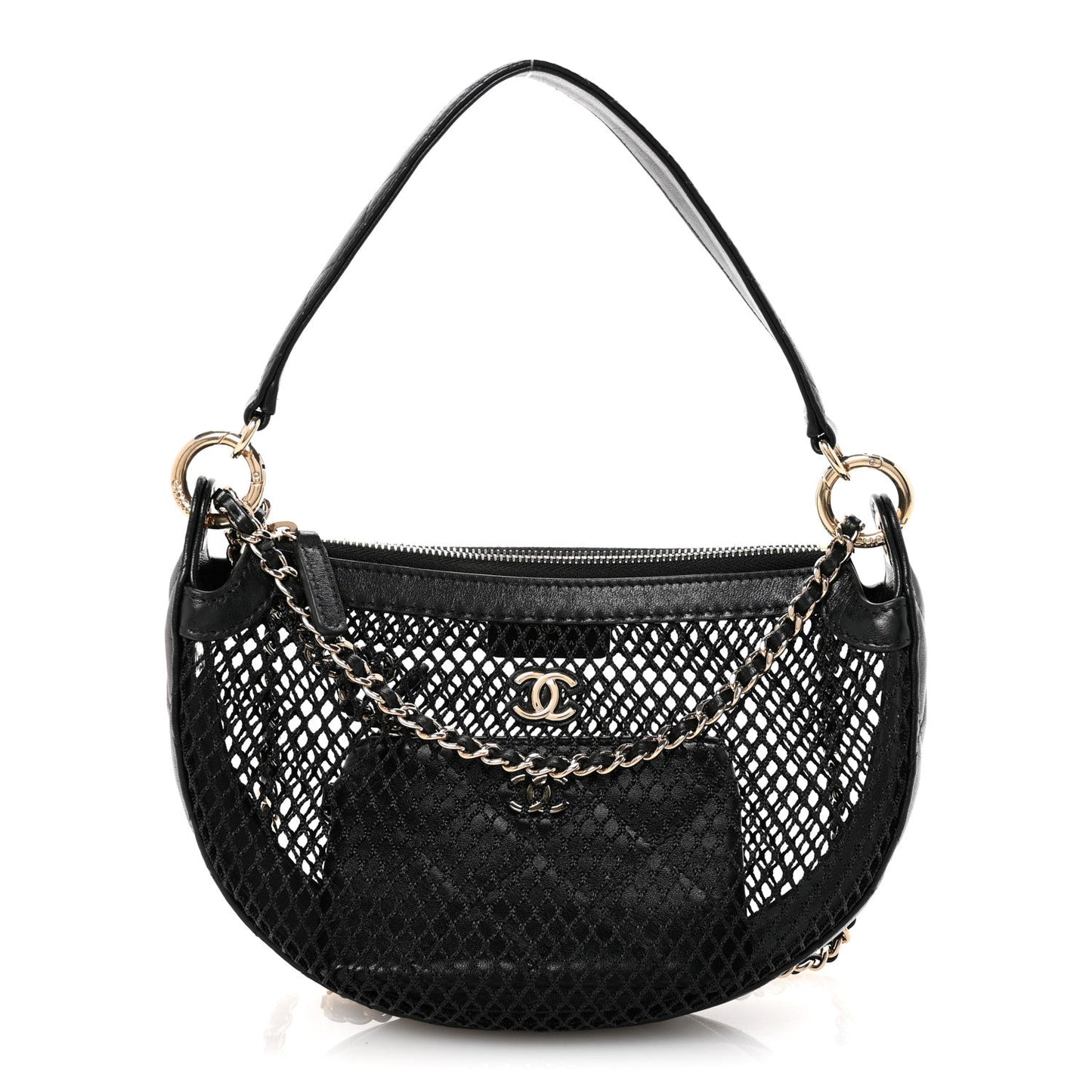 Mesh Shiny Lambskin Chain Hobo Black