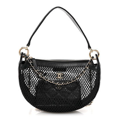 Mesh Shiny Lambskin Chain Hobo Black