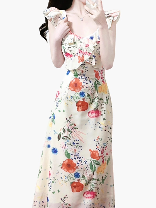 2025 Summer New Floral Ruffle French Temperament Sleeveless Dress R0903