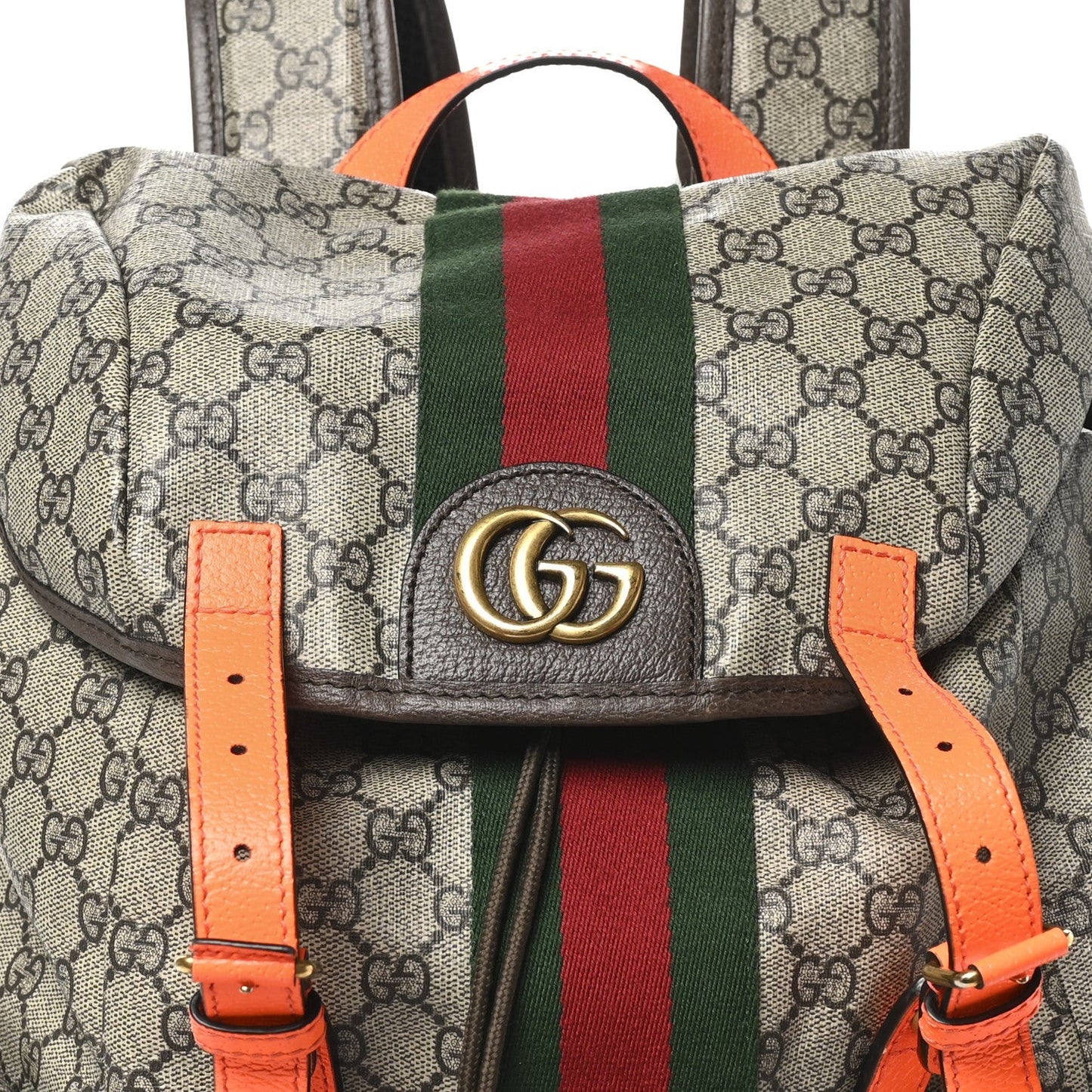 GG Supreme Monogram Medium Ophidia Double Buckle Backpack Beige Ebony Neon Orange