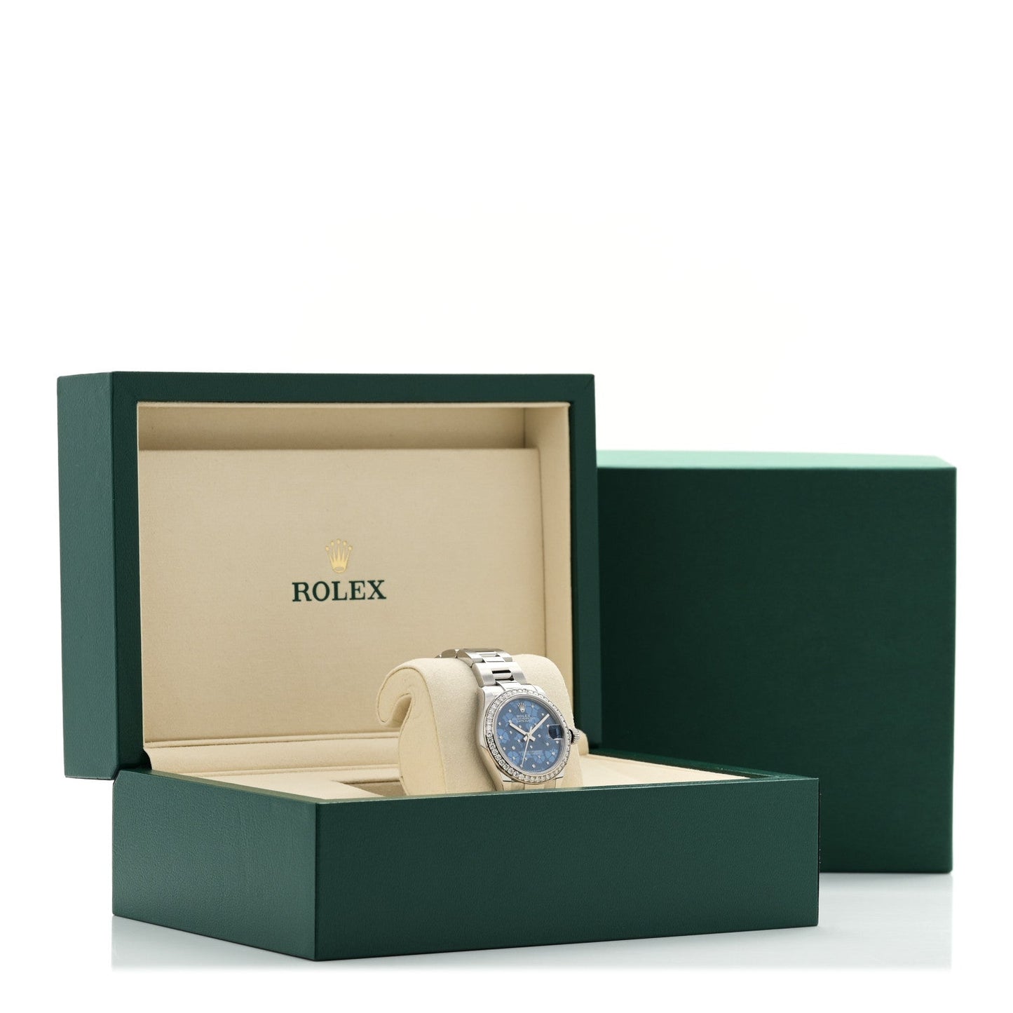 Stainless Steel 18K White Gold Diamond Bezel 31mm Oyster Perpetual Datejust Watch Azzurro Blue Floral 278384RBR