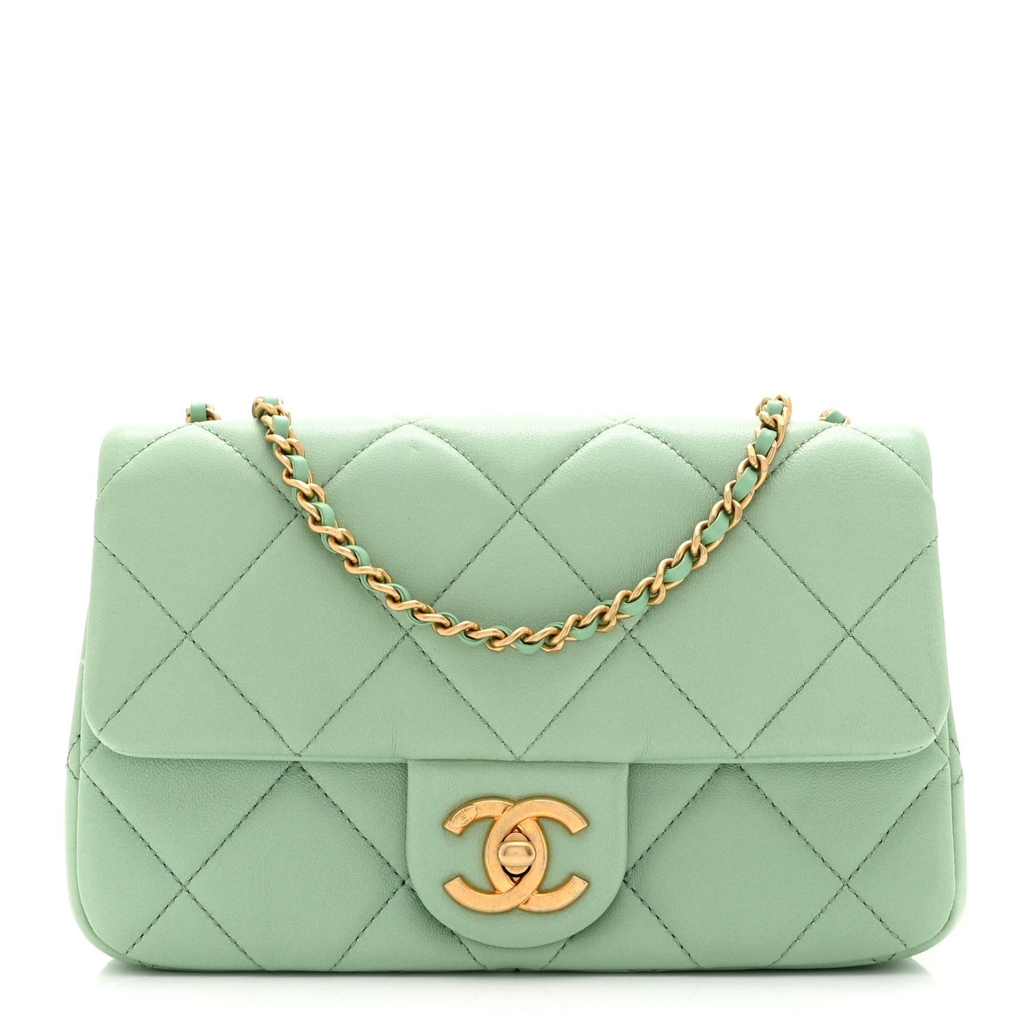 Lambskin Quilted Pearl Small Flap Light Green