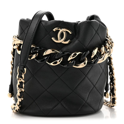 Lambskin Quilted Resin Bi-Color Chain Bucket Bag Black