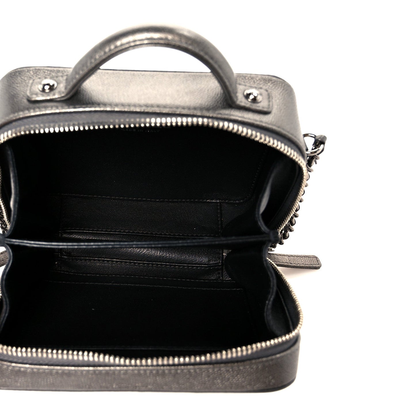 Metallic Caviar Quilted Small CC Filigree Vanity Case Dark Silver