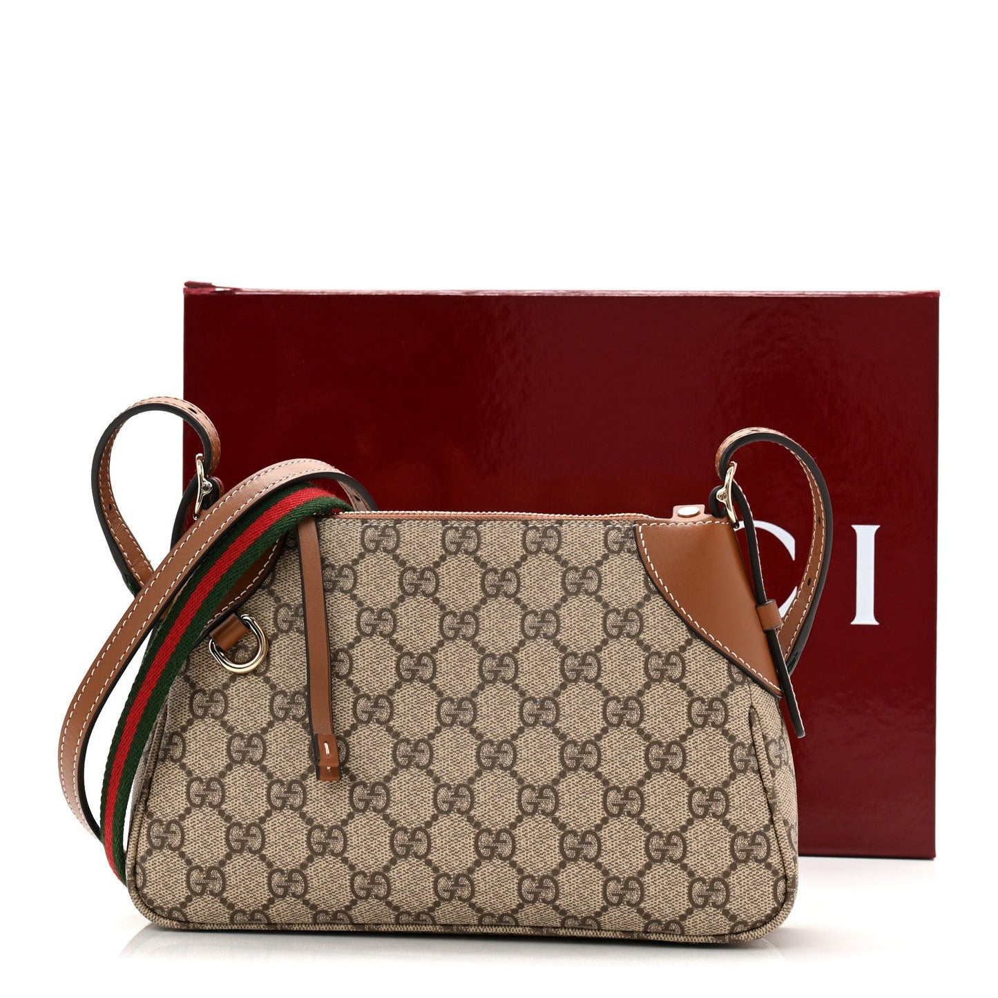 GG Supreme Monogram Textured Calfskin Small Emblem Shoulder Bag Beige Dark Brown