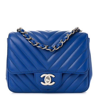Caviar Chevron Quilted Mini Square Flap Blue