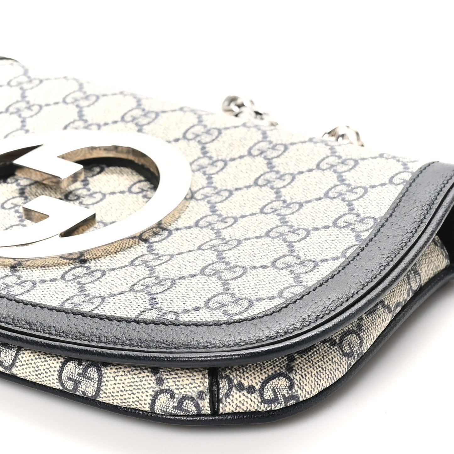 GG Supreme Monogram Textured Dollar Calfskin Blondie Chain Shoulder Flap Bag Beige Blue