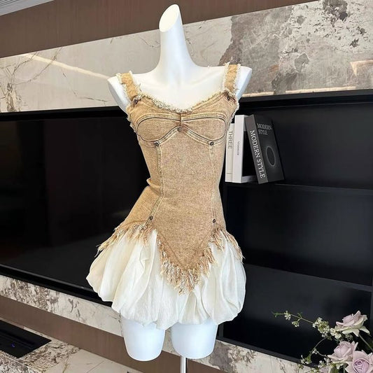 Khaki denim suspenders waist slim fit white bud skirt short skirt homecoming dress R3919