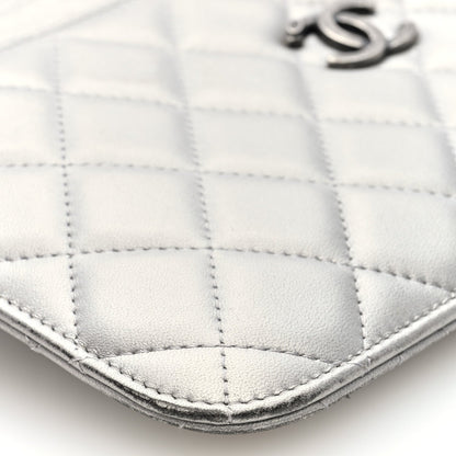 Metallic Lambskin Quilted Clutch With Chain Silver