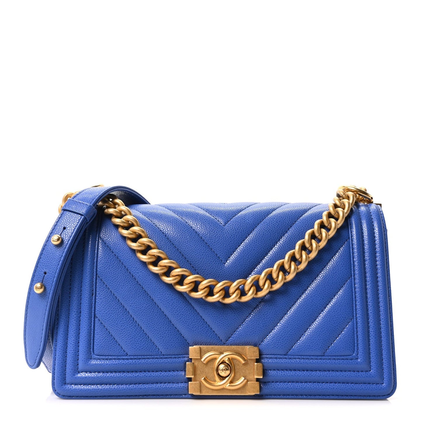 Caviar Chevron Quilted Medium Boy Flap Dark Blue