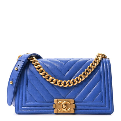 Caviar Chevron Quilted Medium Boy Flap Dark Blue