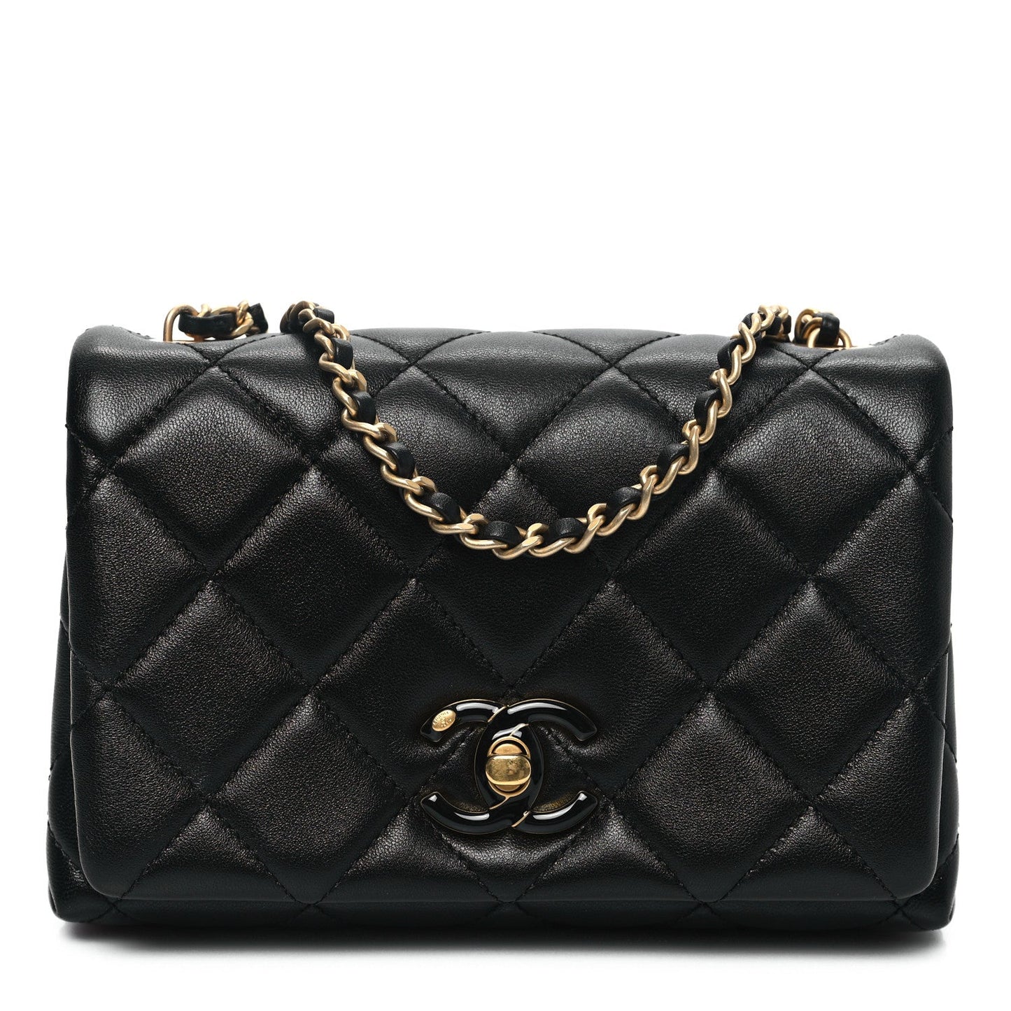 Shiny Lambskin Quilted Enamel CC Mini Flap Black
