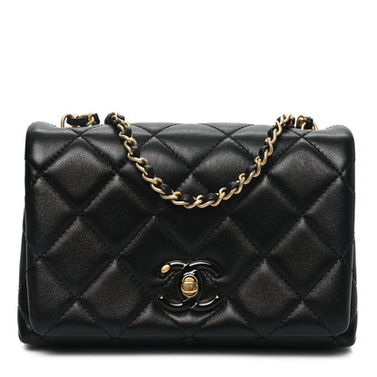 Shiny Lambskin Quilted Enamel CC Mini Flap Black
