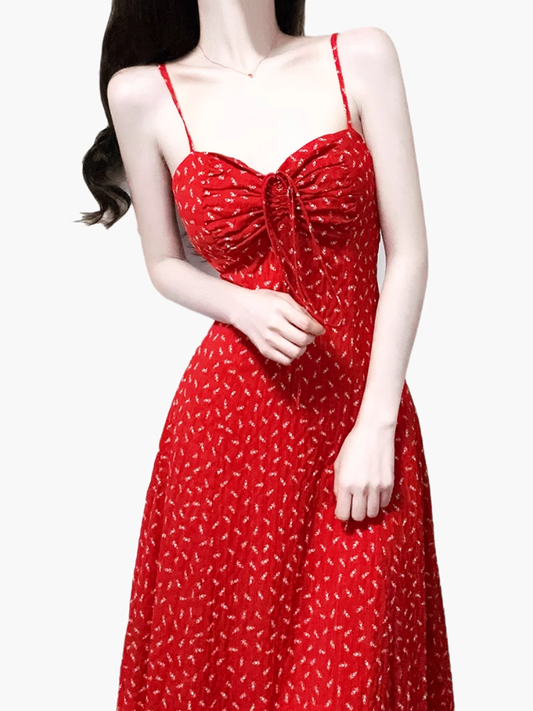 2025 summer new red floral temperament slim medium-length suspender dress R0924
