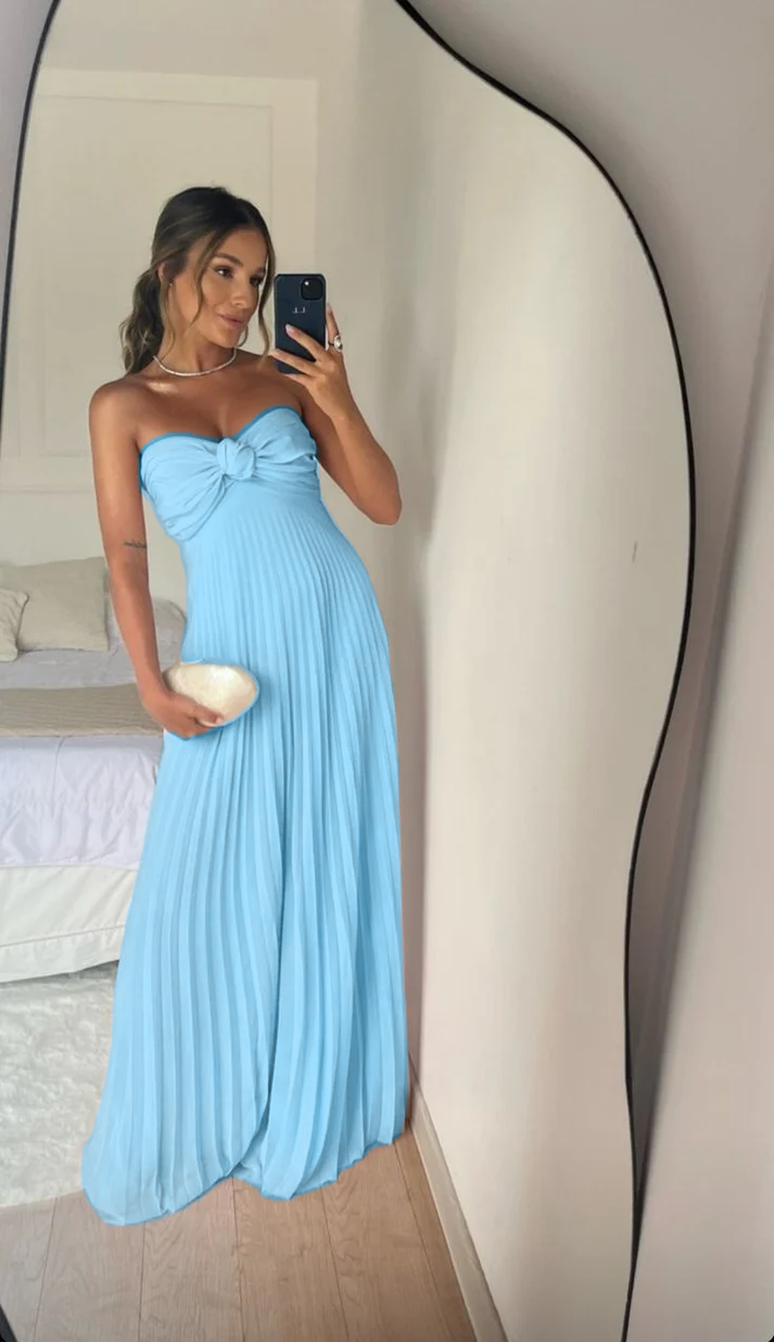 Strapless A Line Pink Long Prom Dress Pleated Formal Party Gown