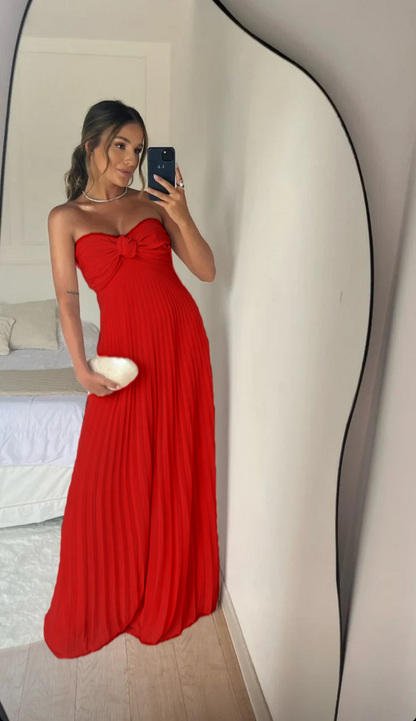 Strapless A Line Pink Long Prom Dress Pleated Formal Party Gown