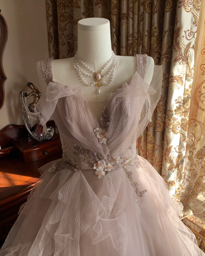 Charming Spaghetti Straps Light Pink V Neck Tulle Beaded Ball Gown Formal Long Birthday Party Dress