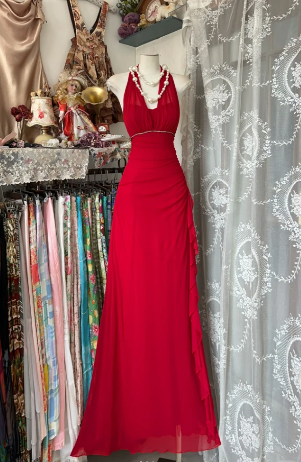 Charming Halter Red Chiffon Beaded Evening Dress Long Mermaid Party Gown