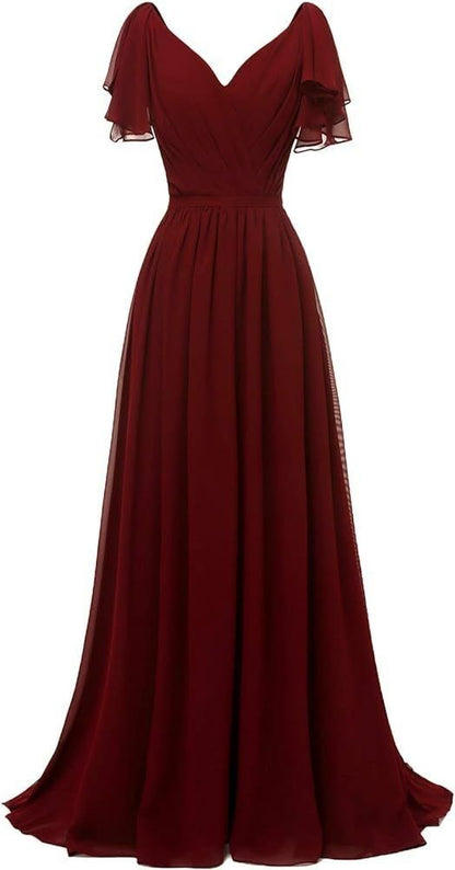 Ruffle Sleeves Bridesmaid Dress V-neck Chiffon Long Formal Wedding Evening Gowns     S2902