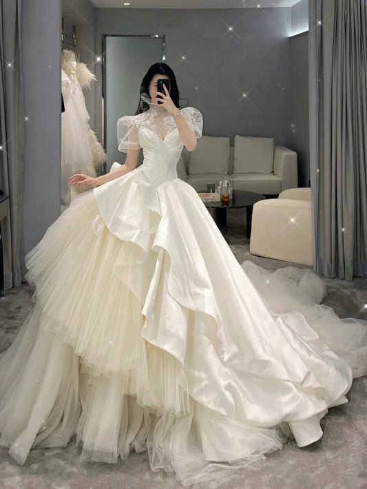 A Line Tulle Wedding Dresses Puff Sleeves Long Bridal Gowns    S6649