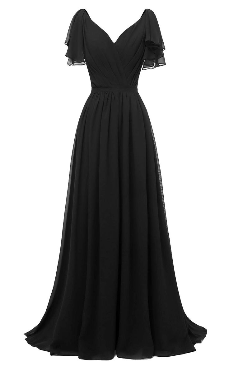 Ruffle Sleeves Bridesmaid Dress V-neck Chiffon Long Formal Wedding Evening Gowns     S2902