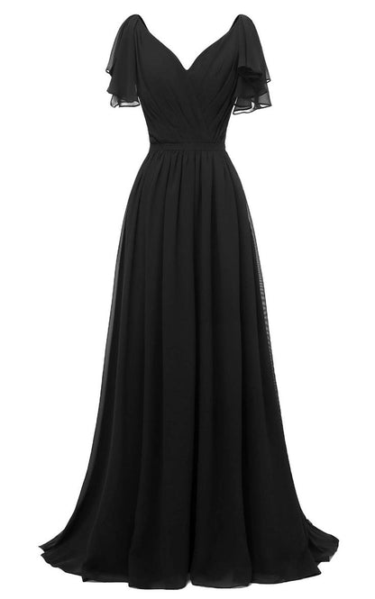 Ruffle Sleeves Bridesmaid Dress V-neck Chiffon Long Formal Wedding Evening Gowns     S2902