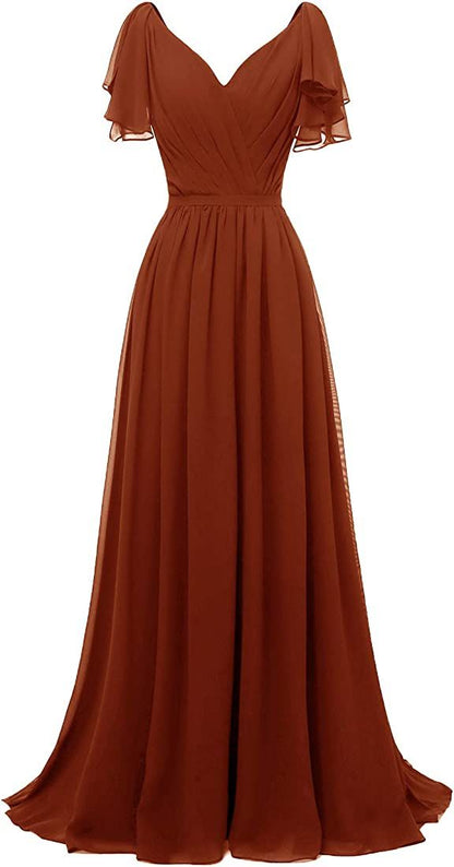 Ruffle Sleeves Bridesmaid Dress V-neck Chiffon Long Formal Wedding Evening Gowns     S2902