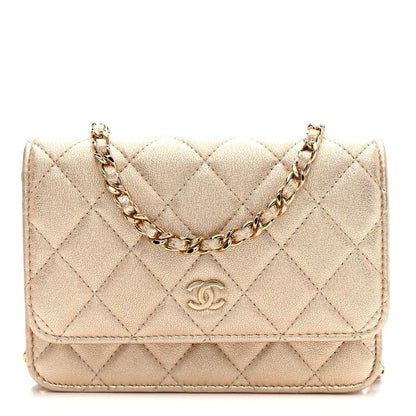 Metallic Lambskin Quilted Mini Wallet On Chain WOC Gold