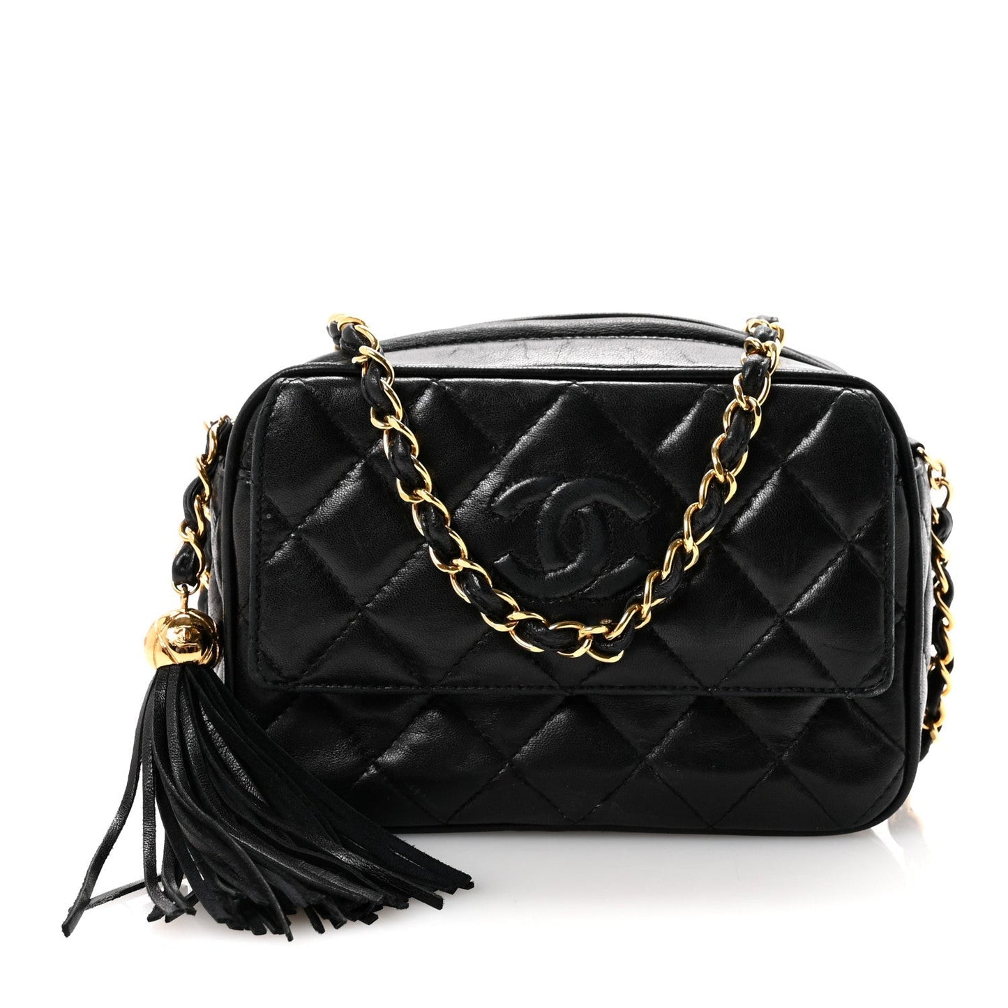 Lambskin Quilted Tassel Camera Case Black