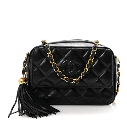 Lambskin Quilted Tassel Camera Case Black